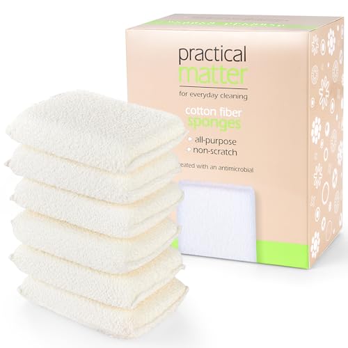 Practical Matter Kitchen Sponge, Organic Cotton Fiber All-Purpose Dish Sponges for Washing Dishes and Cleaning All Surfaces, Durable Non Scratch Scrub, 6 Count Value Pack