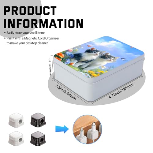 Image of Metal Tin Box with Lid,Multi-functional Storage Box Can Store Tea Biscuits Game Cards, Playing & Tarot Cards-Comes with 4 Magnetic Cord Clips,Kittens with Butterflies