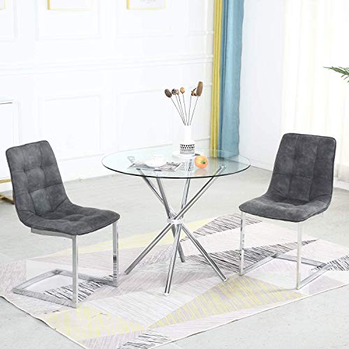 Dining Table Modern Kitchen and Dining Table with Round Glass Top and Stainless Steel Base - Thumbnail 6