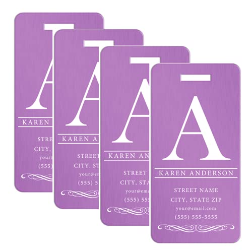 Personalized Luggage Tags, Set of 4 (Anderson Design, Lilac) - Metal Luggage Tags with Engraved Name, Unique Travel Bag Tags for Luggage, Can Also Be Suitcase Tags