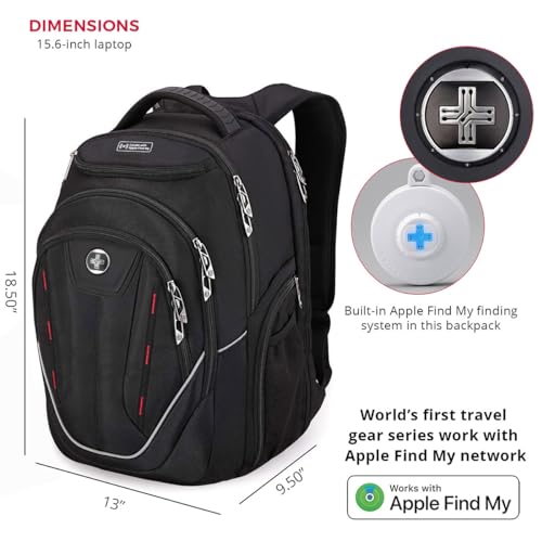 Swissdigital Design TSA Laptop Backpack Men's USB Charging Port Large Capacity Business Travel Backpack Black| With Apple Find My Network Black/Red | J16BTFB-413