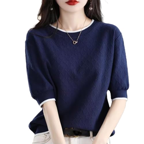 [Big laugh] [ ビッグ ラフ ] ニット トップス シャツ セーター 5 分袖 ラウンド ネック ブラウス 夏 レディース (ネイビー, 2XL)の商品画像（Amazon）