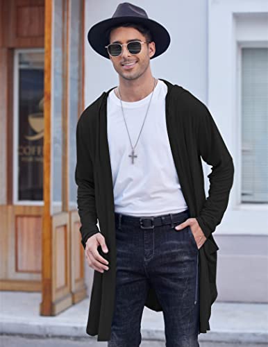 Coofandy Men's Long Cardigan Lightweight Relaxed Fit Knitted Open Front Draped Hooded Overcoat With Pockets Black #TOP2