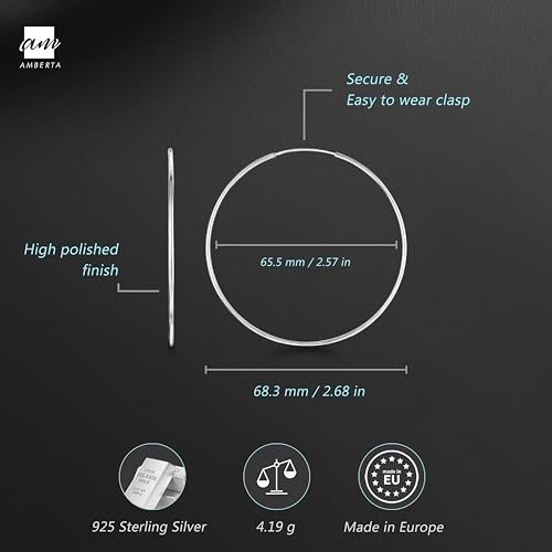 Amberta® 925 Sterling Silver Fine Circle Endless Hoops - Polished Round Sleeper Earrings Diameter Size: 20 30 40 60 75 mm3