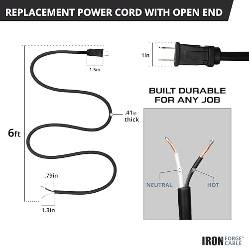 Iron Forge Cable 12 AWG Replacement Power Cord, 2 Prong Open End, 6 Ft by IRON FORGE CABLE - Used condition - Image 3
