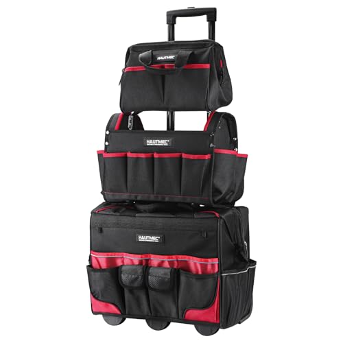 HAUTMEC 3PCS Tool Organizer Set, 18” Waterproof Tool Bag with Wheels,15” Electrician Tool Tote and 12” Wide Mouth Tool Bag 1680D Professional Heavy Duty and Portable Rolling Tool Bag HT0287-TB