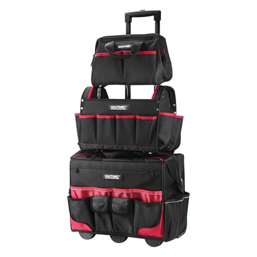 HAUTMEC 3PCS Tool Organizer Set, 18” Waterproof Tool Bag with Wheels,15” Electrician Tool Tote and 12” Wide Mouth Tool Bag 1680D Professional Heavy Duty and Portable Rolling Tool Bag HT0287-TB