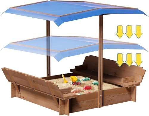 Kids Wooden Sandbox with Adjustable Canopy, Rotatable Sunshade Cover & Two Foldable Bench Seats for Outdoor Play