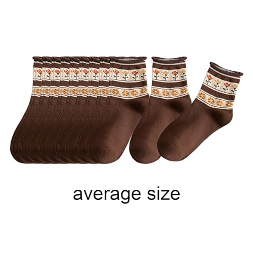 Qianly 10 Pairs Socks Woman Socks Non Slip Machine Wash Soft Elastic Fashion Low Cut Socks Casual for Teens Women Gift Mom Girls, Brown Floral3
