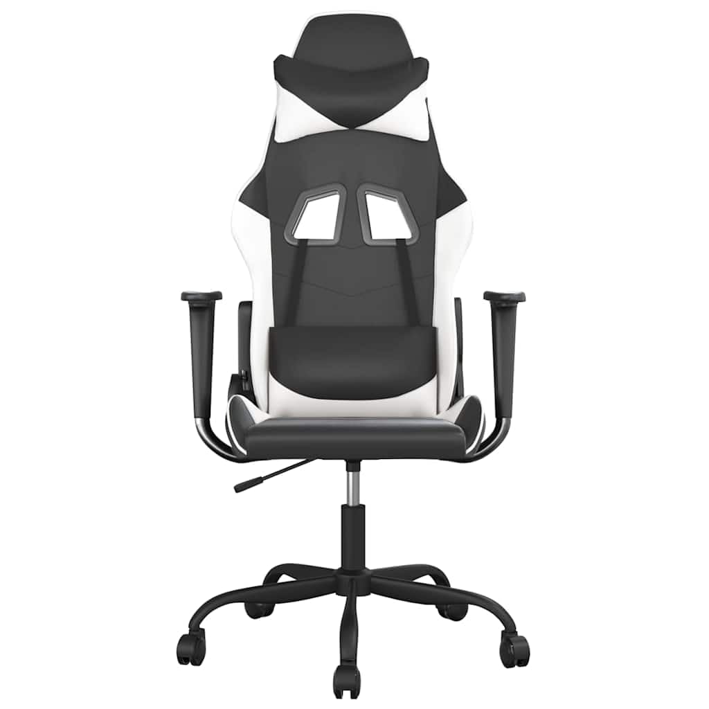 Sedia da gaming nera e bianca, in ecopelle, ergonomica, con funzione basculante, cuscino lombare e collo, girevole, per home office e gaming, con braccioli, poggiapiedi, poggiatesta