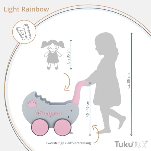 Puppenwagen ab 1 Jahr - Individuell mit Namen - Handgefertigter Puppenwagen - Holzpuppenwagen - Sicher Abgerundete Kanten - Ausdrucksstarke und Schöne Farben (Grau-rosa) – Bild 4