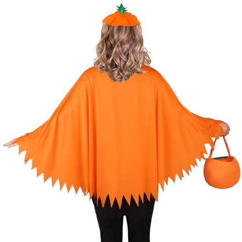 Ispralo 3Pcs Halloween Pumpkin Costume For Women Halloween Pumpkin Poncho Adults With Pumpkin Headband And Bag thumb #2