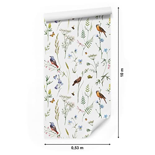 Muralo Vlies Tapete 10m Tapeten Rollen VÖGEL Blumen Blätter Insekten Natur Dekor XXL Vliestapete 1000 x 53cm Wand Tapete Esszimmer Wohnzimmer Schlafzimmer Moderne Muster Wand Dekoration