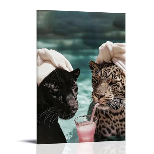 Póster de pantera negra y leopardo compartiendo té con leche, arte vintage, lienzo de pared, decoración estética, sala de estar, habitación de los niños, cafetería, baño, adecuado para dormitorio