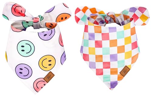 JarThenaAMCS 2Pcs Retro Smile Face Dog Bandana Groovy Pastel Happy Face Checkered Fabric Pet Scarf Medium Sizes Adjustable Pet Neckerchief Dog Bibs for Costume Accessories