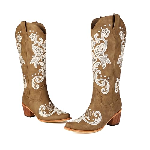 Image of Cowboy Boots for Women Pearl Embroidered Cowgirl Boots Western Chunky Heel Mid Calf Boot with Zipper