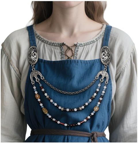 Image of L'VOW Viking Apron Brooch Cloak Clasp Brooches with Bead Chain for LARP Cosplay Costume Norse Accessories