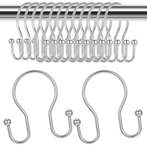 Guduling 12pcs Double Sided Shower Hooks,Rust Proof Shower Curtain Hooks,Stainless Steel Bathroom Showers Hangers Rings,Smooth Glide Metal Curtain Hook for Showers Rods, Silver