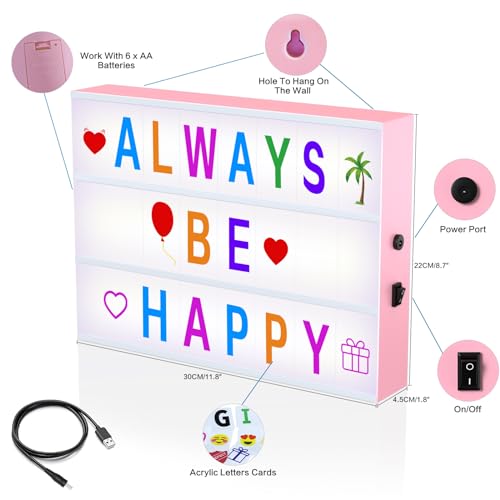 Light Up Letters Board for Teen Girl's Room Decor: DIY Gift for 8-12 Year Olds with 212 Colored Letters and Emojis