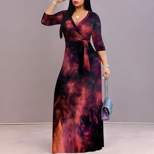 Image of PinkPatty Women's Print Maxi Dresses 3 /4 Sleeve Flowy Long Dress V Neck Wrap Tie Waist Sundress
