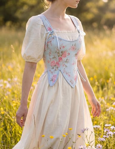 Image of SCARLET DARKNESS Corset Tops for Women Renaissance Costume Floral Lace Up Boned Bustier with Zip
