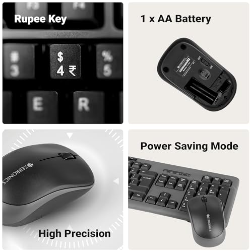 Image of Zebronics Wireless Keyboard & Mouse Combo, 112 UV-Printed Keys, ₹ Key, 8 Multimedia Keys, Retractable Stand, 3 Button Mouse, 1200 DPI, High Precision, USB Nano Receiver (Companion 112, Black)