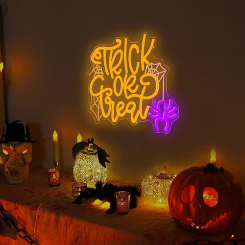 Image of Halloween Neon Sign Trick Or Treat Neon Sign for Wall Decor Halloween Spider Led Neon Light Sign Neon Halloween Sign Dimmable Light Up Sign for Halloween Decorations Party Decor Home Bar