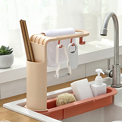 QIEUUOD Telescopic Sink Holder Expandable Kitchen Sink Organizer Rack Drop Hanging Basket Sink Shelf Adjustable Sink Caddy Kitchen Sink Sponge Rag Rack (Pink)
