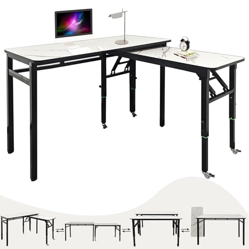AMSXNOO Multifunctional Desk Set of 2, Height Adjustable Modern Home Office Desk with Locking Casters, Space-Saving Workstation for Bedroom Livingroom Diningroom (White, 19.7X30.7X43.3 in)