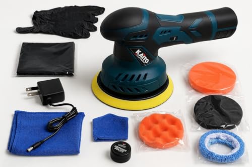 Image of KAITO 12V Cordless Car Polisher & Buffer Kit, 6-Speed Dual Action Orbital Polisher with 2 Batteries, Complete Car Detailing Kit with Pads, Wax & Microfiber Towels for Auto & Home Use