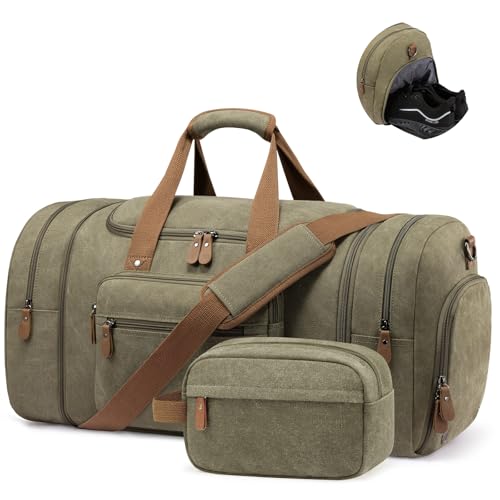Image of Sucipi Canvas Travel Duffel Bag for Men, Weekend Overnight Bag with Shoe Compartment and Toiletry Bag, Carry-On for Airplanes, Green-1