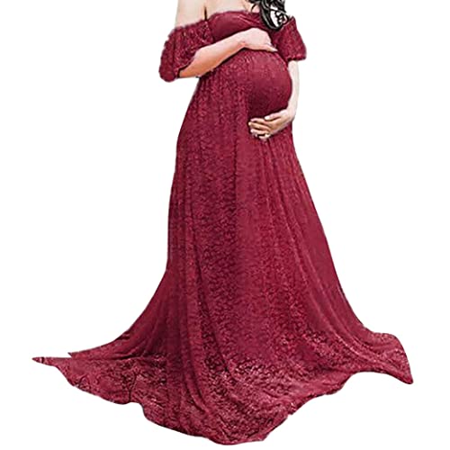 Mutterschaft Fotografie Kleid Spitze Fancy Schwangerschaftskleid aus der Schulter Floral für Schwangere Claret 2XL Cover