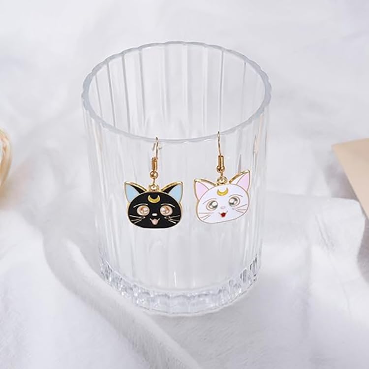 Cute Cat Dangle Earrings Set, Anime Luna Style, Black and White Enamel, 2 Pairs - Image 2