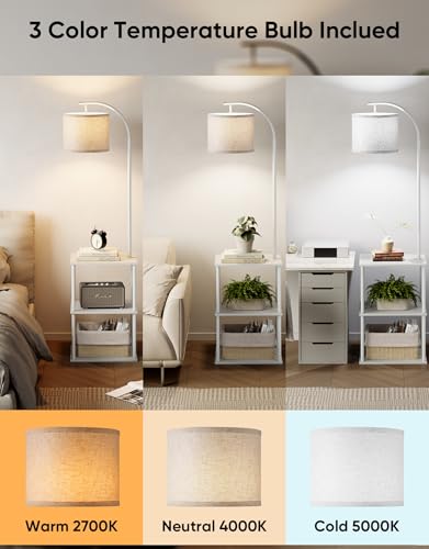 Image of PARTPHONER Floor Lamp with Table, Night Stand with Lamp, Narrow Side Table with 3CCT LED Bulb, Small Coffee Table, Modern End Table with Storage Shelves for Living Room Bedroom Home Decor, White