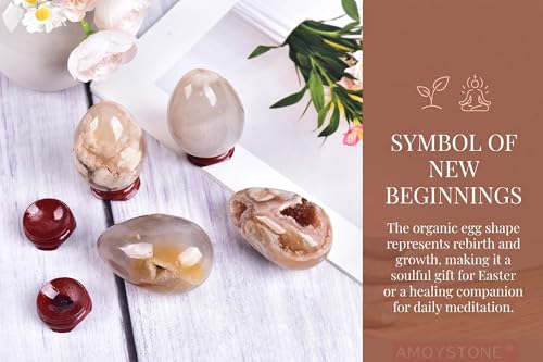 Image of AMOYSTONE Sakura Agate Egg 2.3-2.7 inch Display Piece with Wood Stand for Office Decor - Unique Banded Natural Stone, Statement Shelf Decor for Living Room 5.3oz