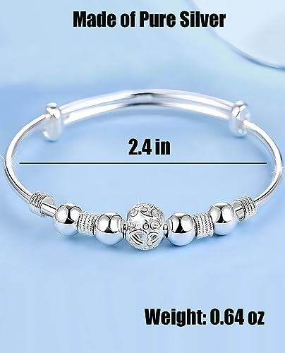 S925 Silver Bangle Bracelet for Women, Elegant Women‘s Sterling Silver Bracelet Bangle Adjustable 6.4-7.8 inches Small Size (Beads Silver)4