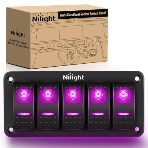Image of Nilight 5 Gang Rocker Switch Panel w /Purple LED Light 5Pin On Off Pre-Wired | Aluminum Toggle Switches Waterproof for 12V /24V Cars Marine Boats ATVs Trailers RV Trucks