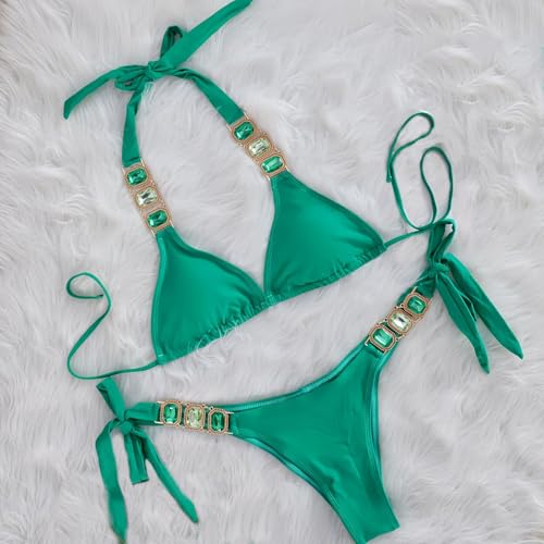 Lisa Colly Women's Two Piece Swimsuit Rhinestone Bikini Set Halter Triangle Bathing Suit2