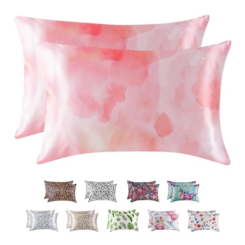 Image of MR&HM Satin Pillowcase for Hair and Skin, Silk Satin Pillowcase 2 Pack, Queen Size Pillow Cases Set of 2, Silky Pillow Cover with Envelope Closure (20x30, Dream Pink)