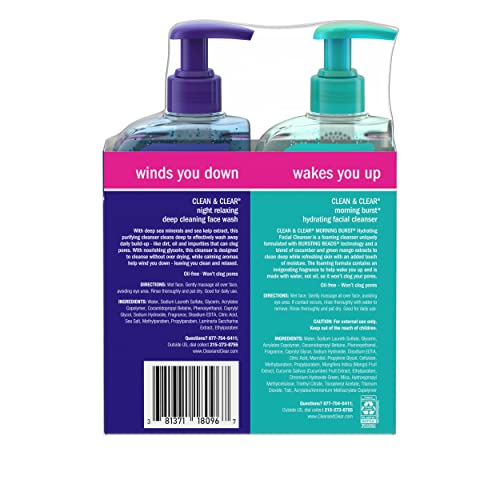 Clean & Clear 2-Pack Day & Night Daily Face Cleansers, Morning Burst Hydrating Facial Cleanser & Night Relaxing Deep Cleansing Face Wash, Oil-Free & Won't Clog Pores, 2 X 8 Fl. Oz #TOP1