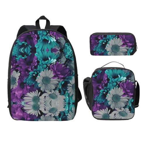 Sac à dos 3 pièces violet et bleu avec boîte à déjeuner et trousse scolaire