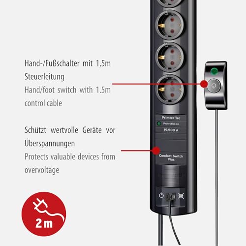 Brennenstuhl Primera-Tec Comfort Switch Plus Steckdosenleiste 7-Fach mit Überspannungsschutz (2m Kabel, Schalter und RJ-11-Verbindung) schwarz – Bild 4