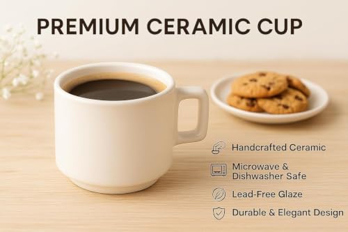 Image of Elegant White Ceramic Coffee Mug Set - 6 Pieces, 200 ML - Ideal for Daily Use in Office, Home and Restaurants