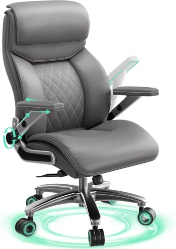 Image of Big and Tall Office Chair with 5D Arms, 600lbs Heavy Duty Desk Chair with Adjustable Lumbar Support, PU Leather High Back Ergonomic Executive Computer Chair with 3'' Silent Casters
