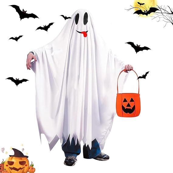 SULOLI 110cm Capa de Fantasma，Fantasma Disfraz Niño，Halloween Niño Fantasma,Capa Blanca Disfraz Adulto,Disfraces de Halloween con Cesta de Calabaza