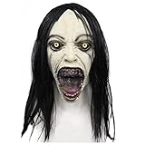 Pigmiss Scary Crying Woman Mask with Wigs,Horror Halloween Cosplay Mask Creepy Latex Female Ghost Devil Full Head Mask Props (Scary Crying Woman Mask)