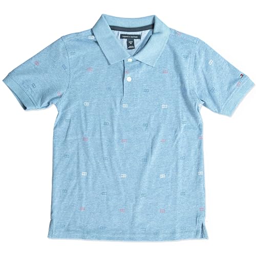 Tommy Hilfiger Boys' Short Sleeve Fashion Polo Shirt, Button Closure, Soft & Comfortable, Granada Sky Heather, 14/16