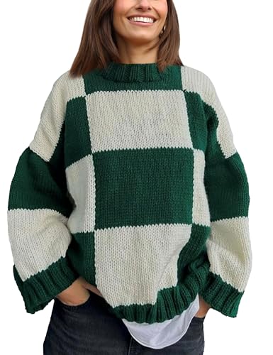 Fiona Jolin Women's Sweaters Crewneck Long Sleeve Loose Checkered Fall Winter Pullover Knitted Tops