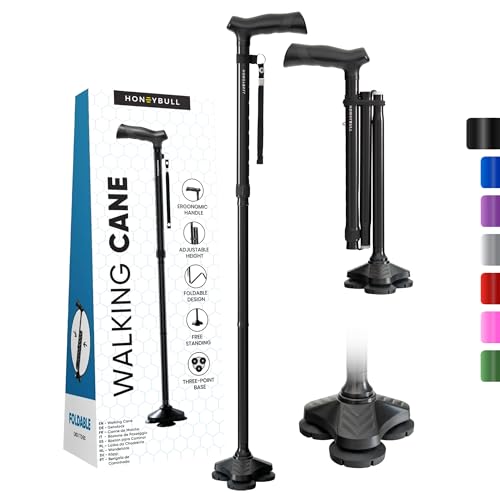 HONEYBULL Walking Cane for Men & Women Foldable, Adjustable, Heavy Duty, Free Standing, All Terrain, Collapsible Walking Sticks for Seniors & Adults (Black)