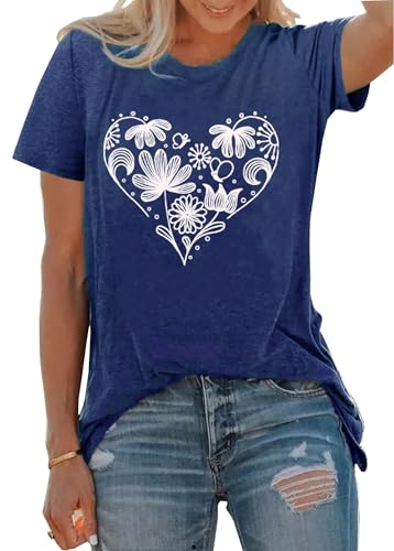 Flower Tshirts Shirts for Women Cute Dandelion Tshirt Casual Short Sleeve Wildflower Floral Heart Print Graphic Tee Tops2